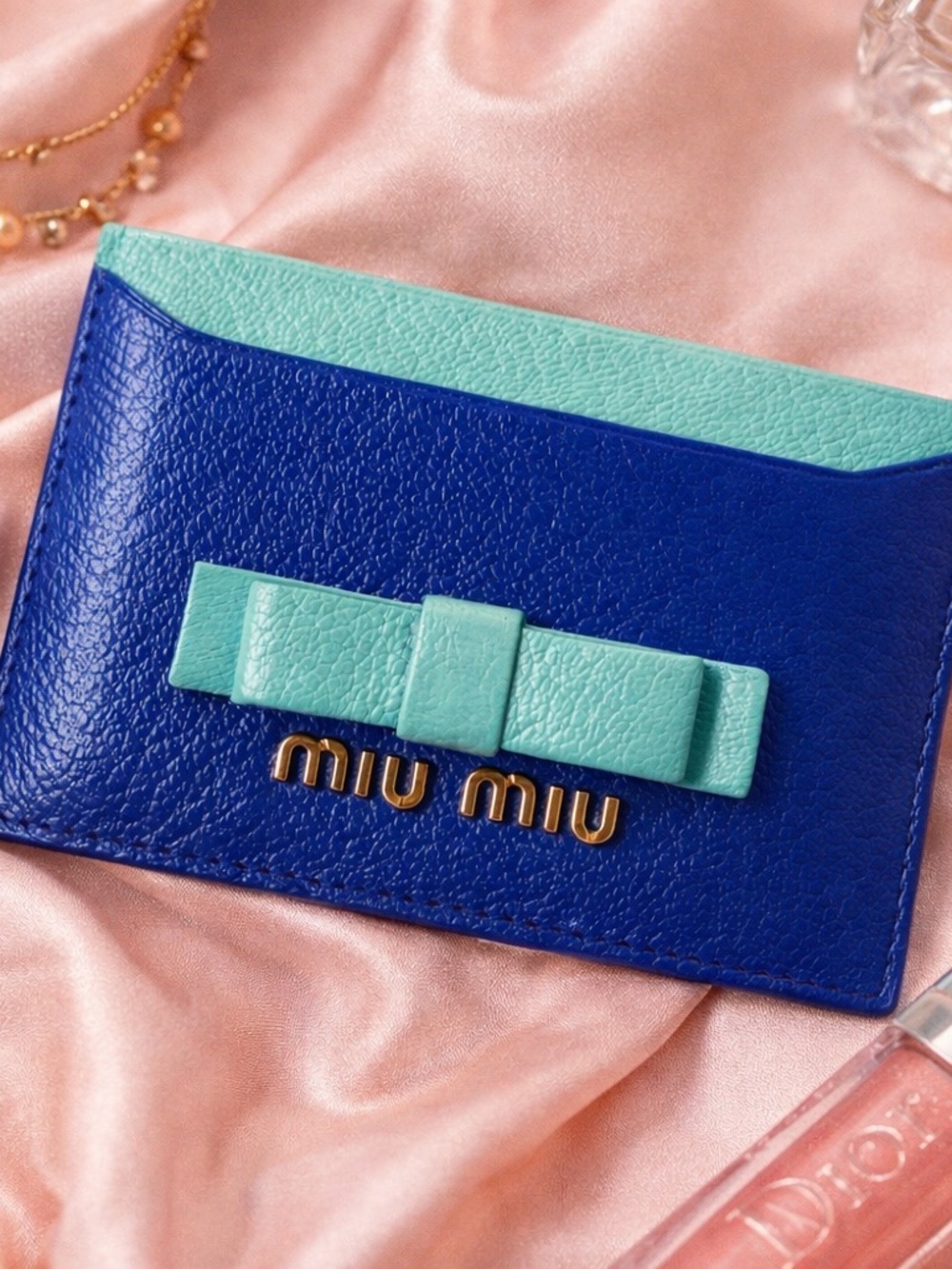 Miu Miu Leather Card Case Wallet Blue Aqua Bow Logo Authentic